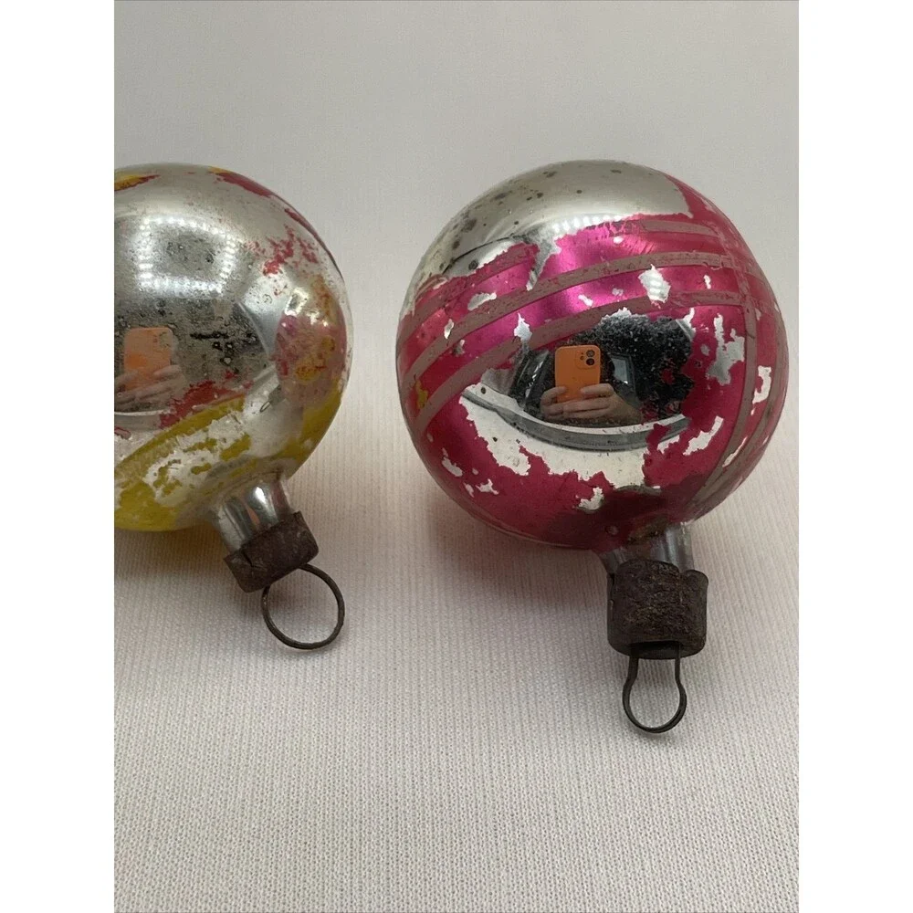 2 Vintage Mercury Glass Painted Christmas Ornaments Floral Striped Holiday Tree